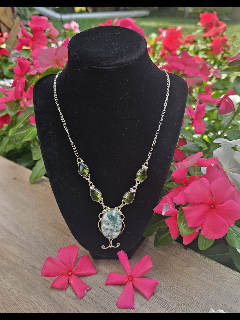 Moss agate & Peridot Gemstone Necklace NK Silver